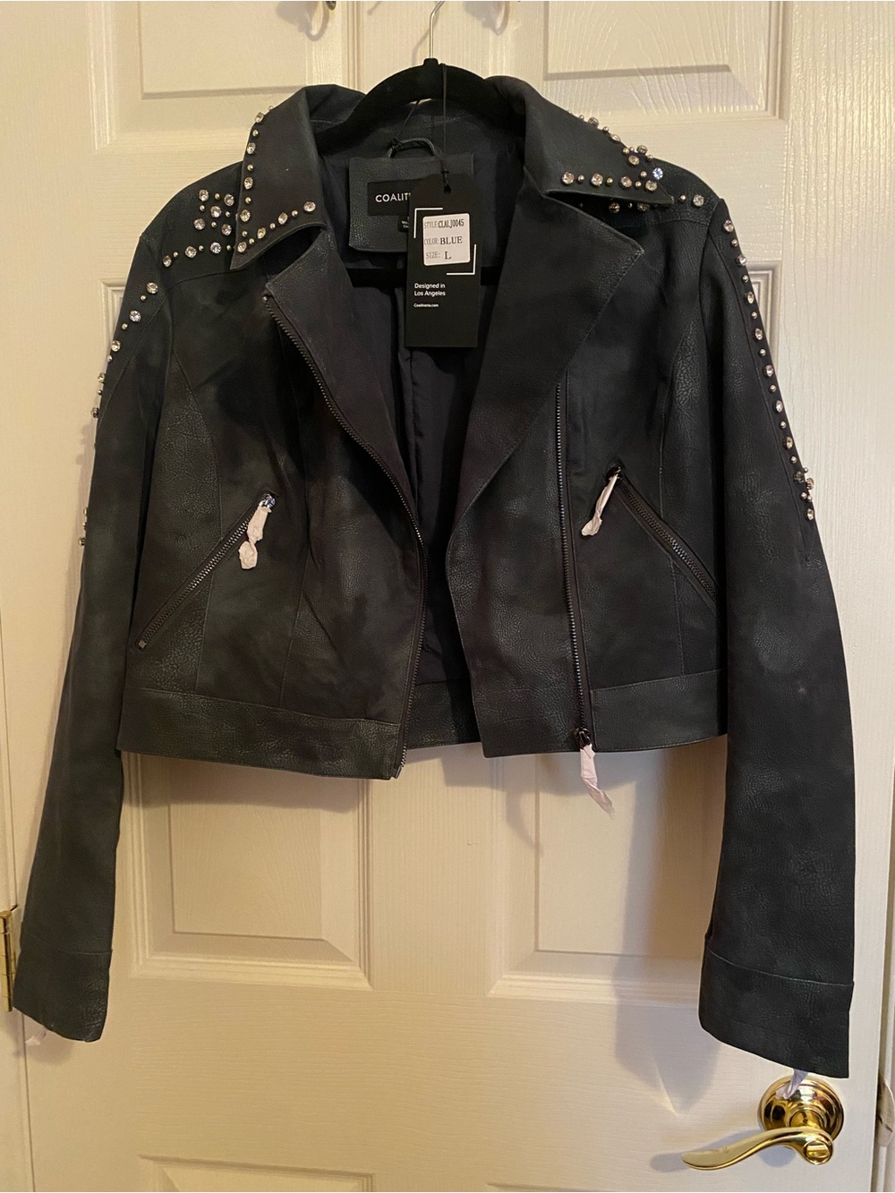 Coalition LA Cropped Microsuede Jacket Rhinestones Bling Blue M Medium NWT